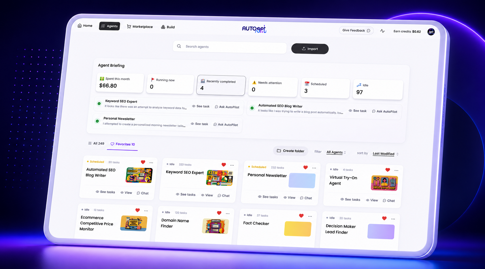 Agent Dashboard — the high-level overview of every running AutoGPT agent: status, costs, and what needs attention