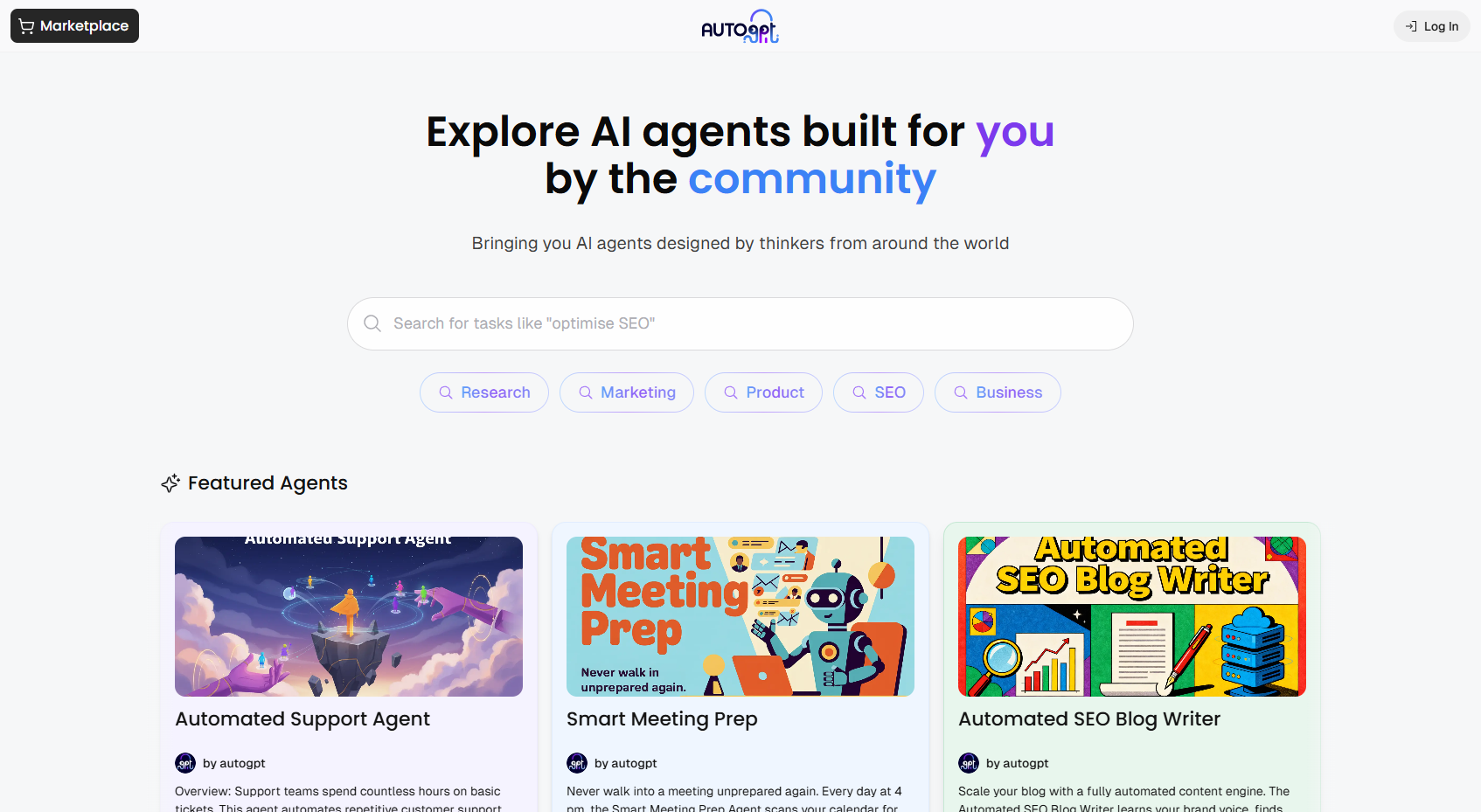 Marketplace — the public gallery of ready-made AutoGPT agents from the community