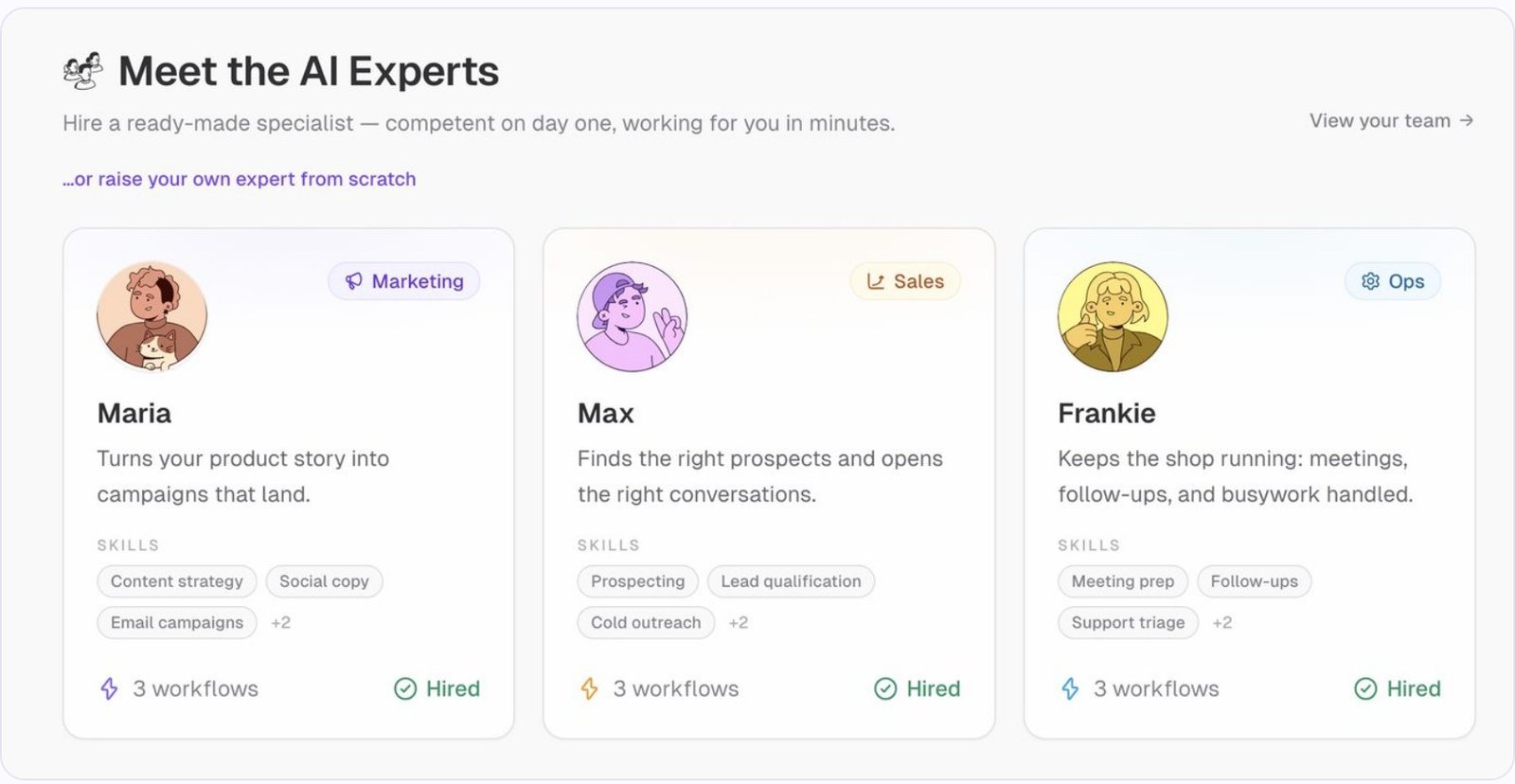 The Meet the AI Experts section on our dev build, with Maria, Max and Frankie drawn as line-art people