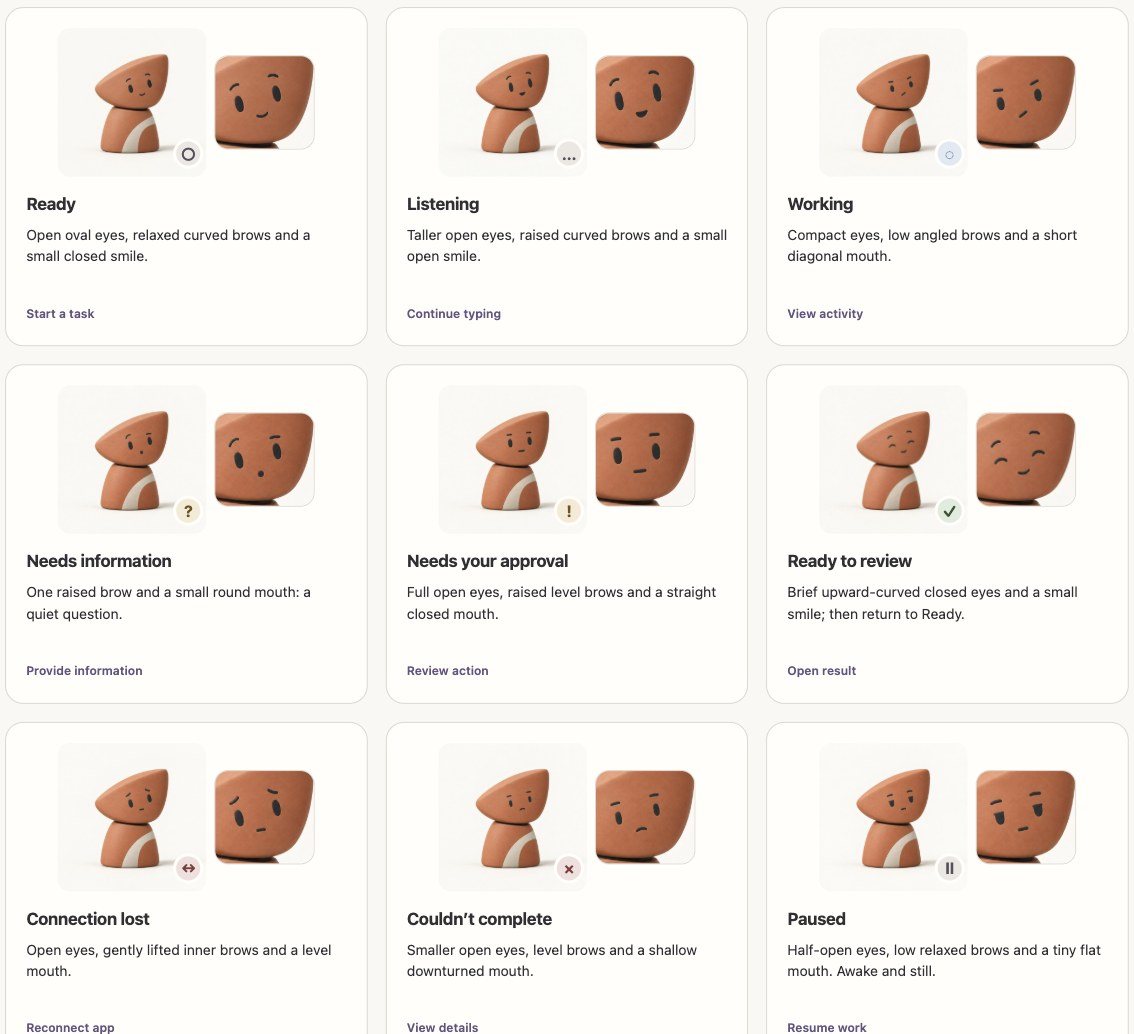 Nine expressions on the same terracotta figure, from Ready to Paused