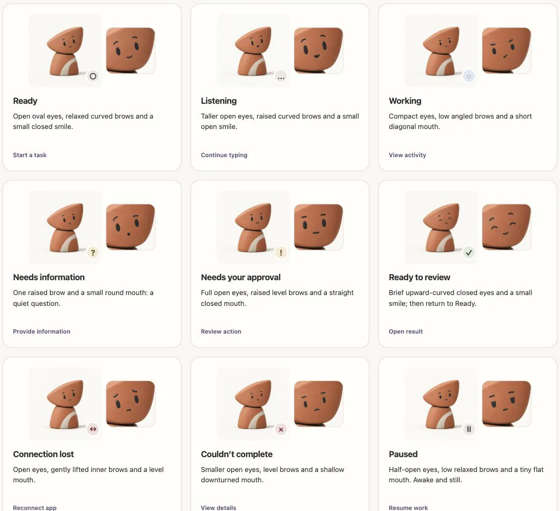 Nine expressions on the same terracotta figure, from Ready to Paused