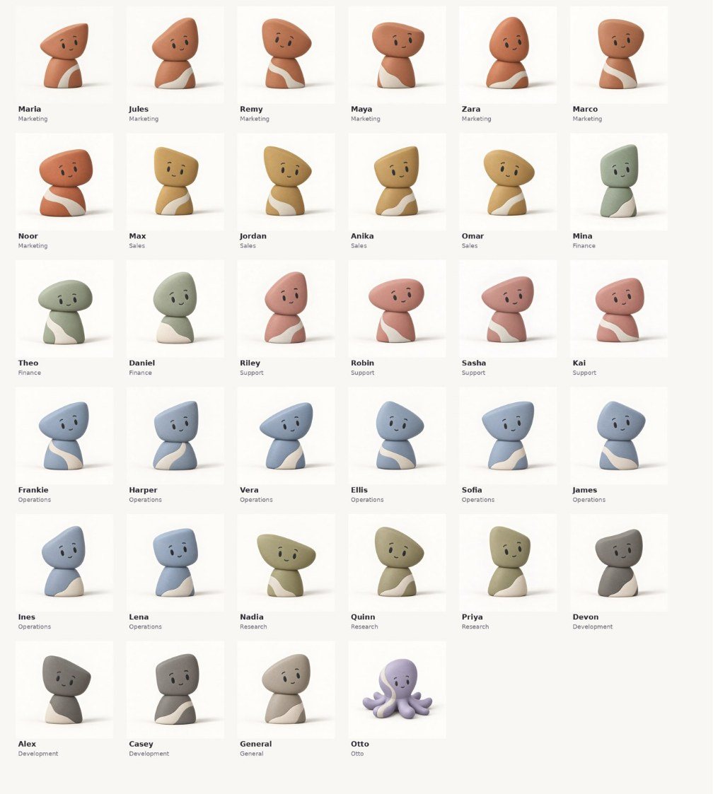 A grid of all 32 Experts in their category colors, with the warm-stone starting look and Otto