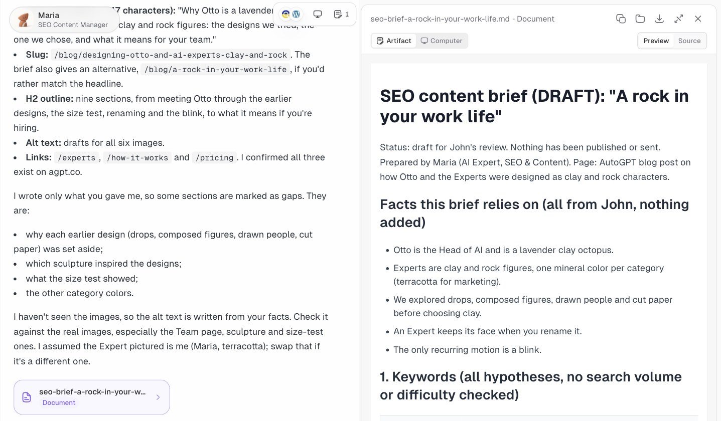 Maria’s chat on the left and her saved SEO brief open in the panel on the right
