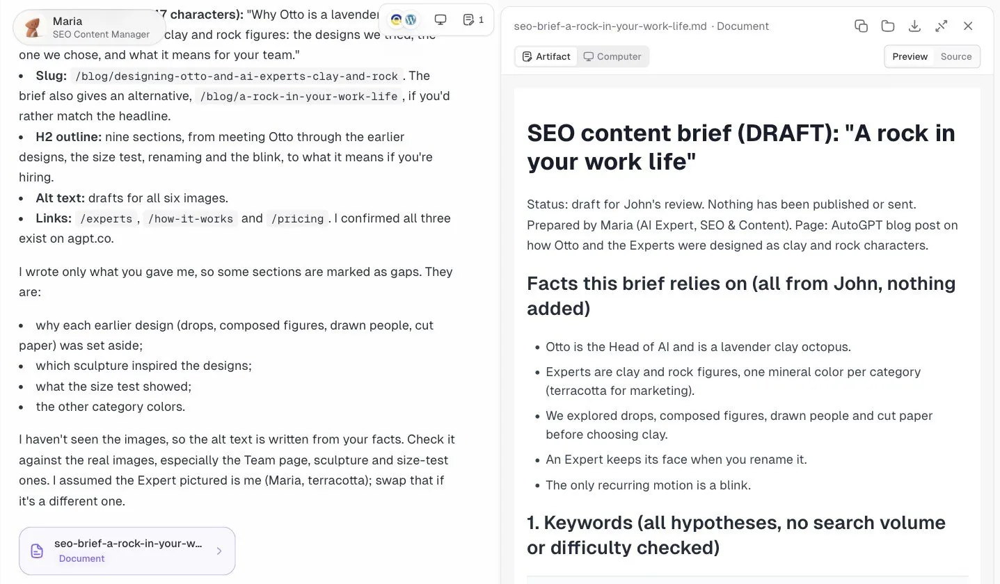 Maria’s chat on the left and her saved SEO brief open in the panel on the right