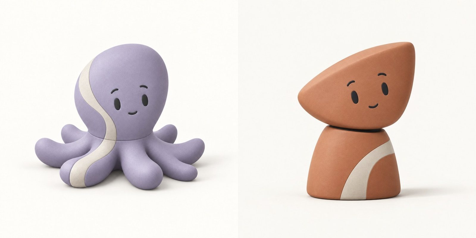 Otto as a lavender clay octopus beside Maria as a terracotta clay figure