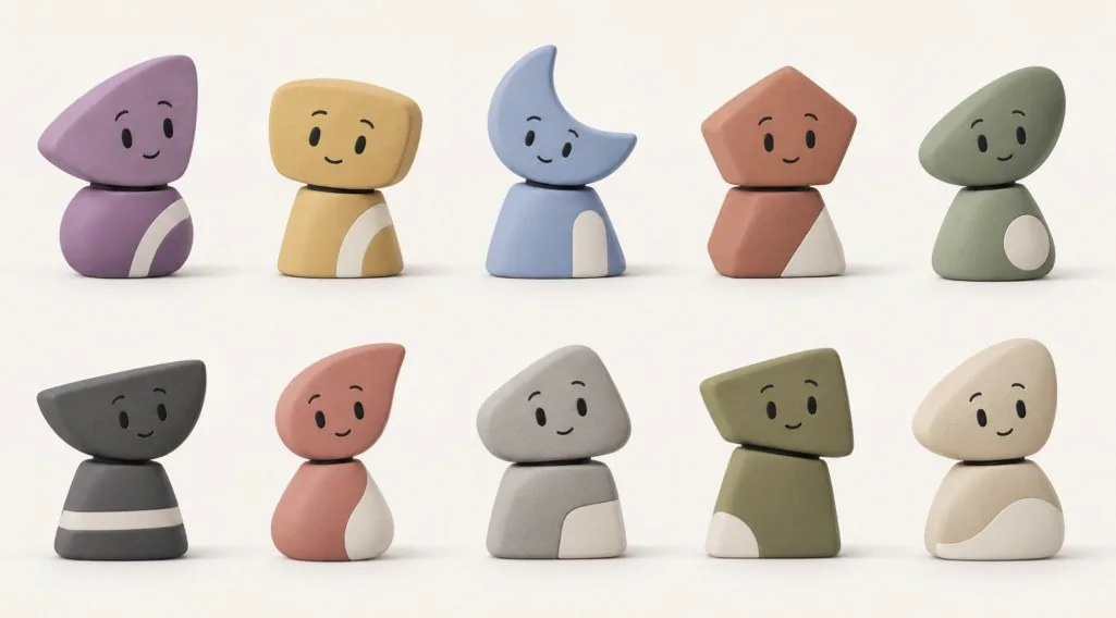 Ten clay figures in different mineral colors, each with a cream inlay
