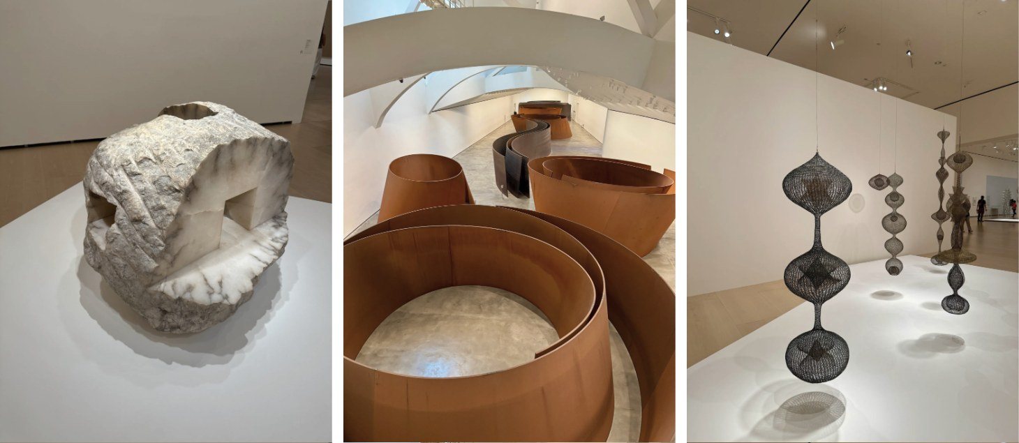 Three sculptures at the Guggenheim Bilbao: a carved alabaster block, curving steel walls and hanging looped-wire forms