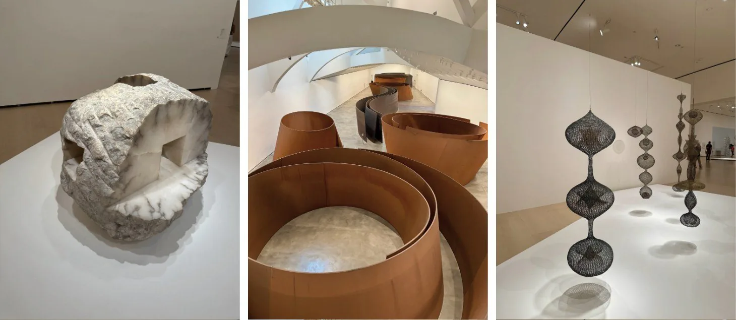 Three sculptures at the Guggenheim Bilbao: a carved alabaster block, curving steel walls and hanging looped-wire forms