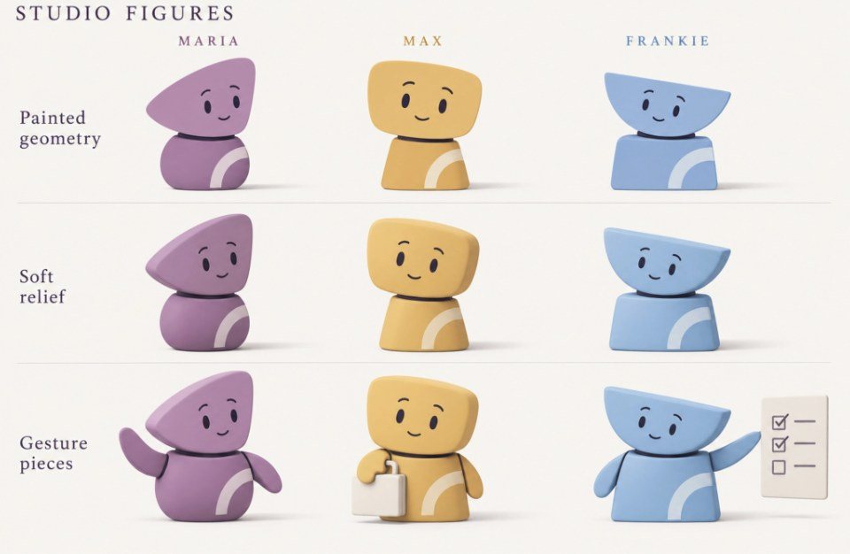 Maria, Max and Frankie as painted geometry, soft relief and gesture pieces