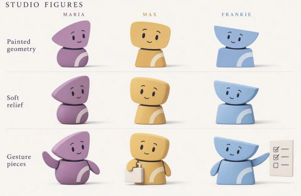 Maria, Max and Frankie as painted geometry, soft relief and gesture pieces
