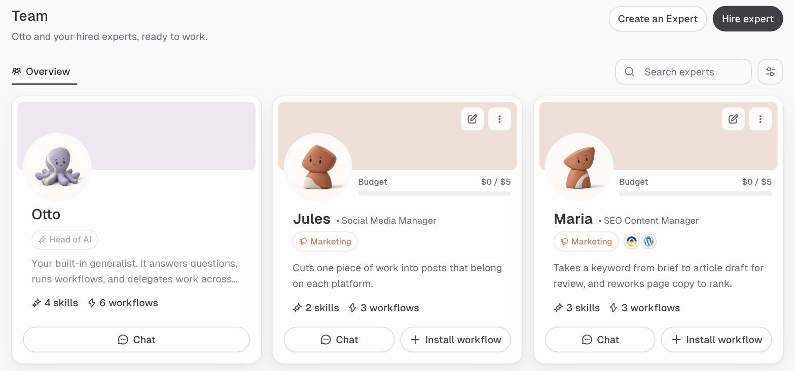 The AutoGPT Team page in production, showing Otto, Jules and Maria as clay figures