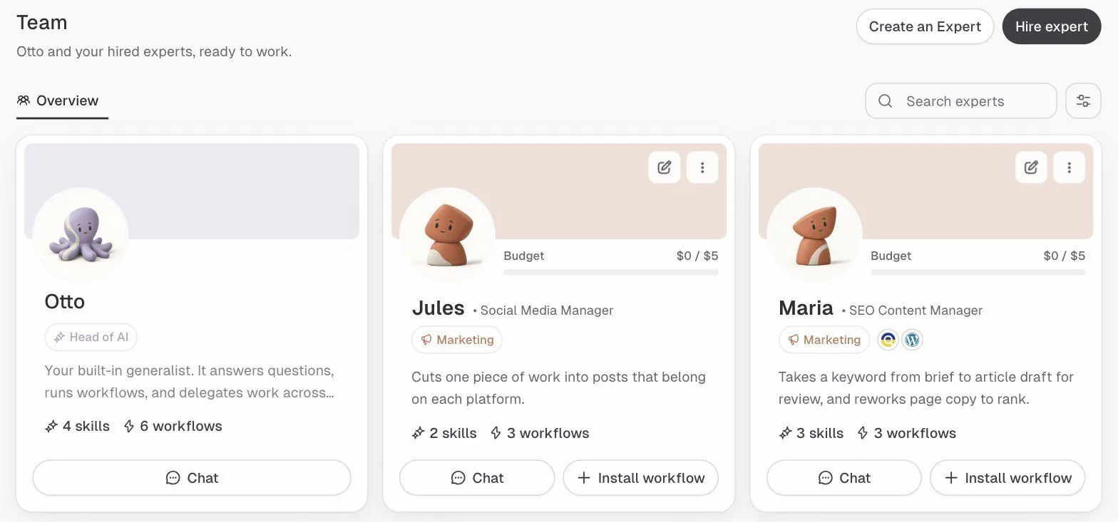 The AutoGPT Team page in production, showing Otto, Jules and Maria as clay figures