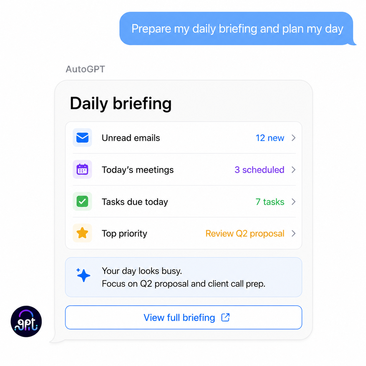 AutoGPT generating an executive daily briefing