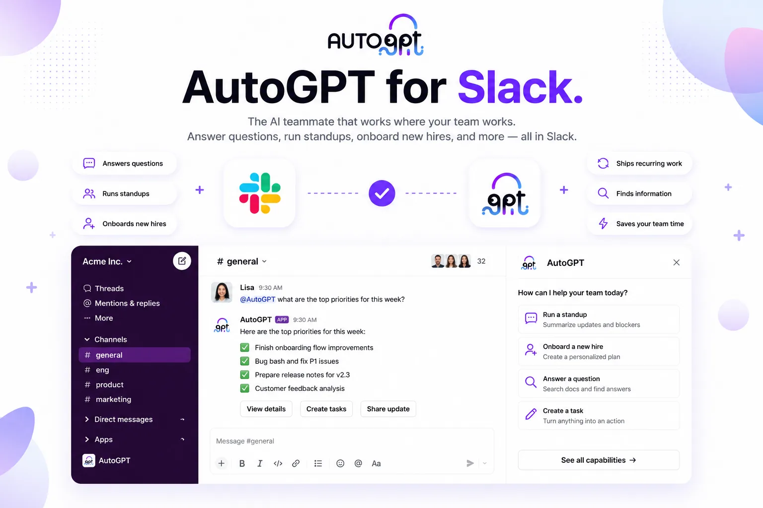 AutoGPT for Slack — the AI Slack assistant that answers questions, runs standups, and onboards new hires inside Slack